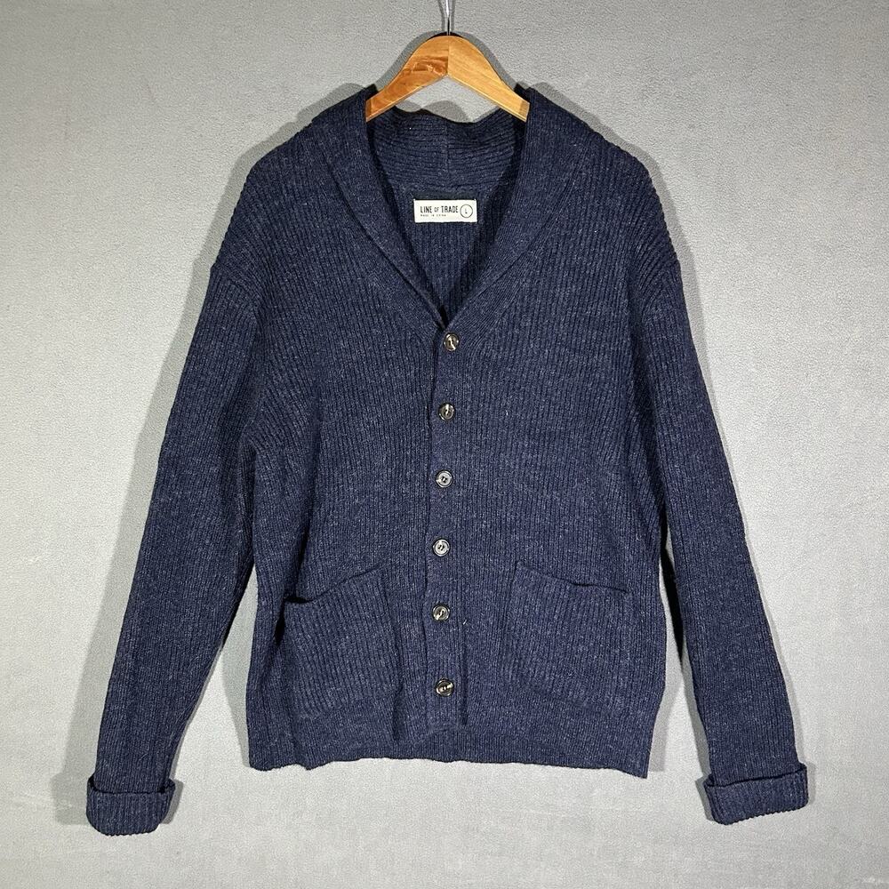 Line of Trade Shetland Wool Shawl Collar Navy Blue Cardigan Sweater Mens Large